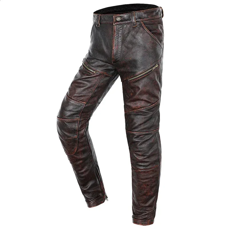 Womens Pants Capris Brown Vintage Real Leather Mens Cowhide Motorcykel ridning Vindtäta byxor plus storlek 5xl äkta tjocka cyklister 231218