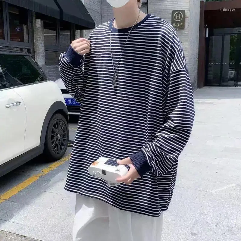 Men's T Shirts Long Sleeve Striped T-shirt Men Harajuku High Street Versatile Retro Tops Casual Loose Korean Style Outerwear Clothing