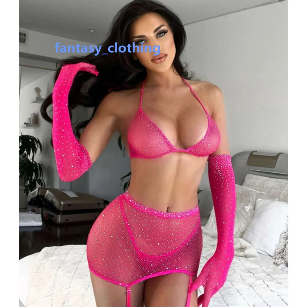 Calze di cristallo con strass rosa scintillanti sexy aderenti in nylon Abito intimo bodystocking personalizzato