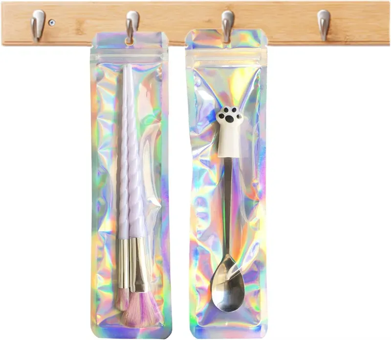 Packaging Bags Small Business-2.4x9 inch Resealable Holographic Pen Bags for Packaging Lipgloss Jewelry Cosmetic Sample Bag
