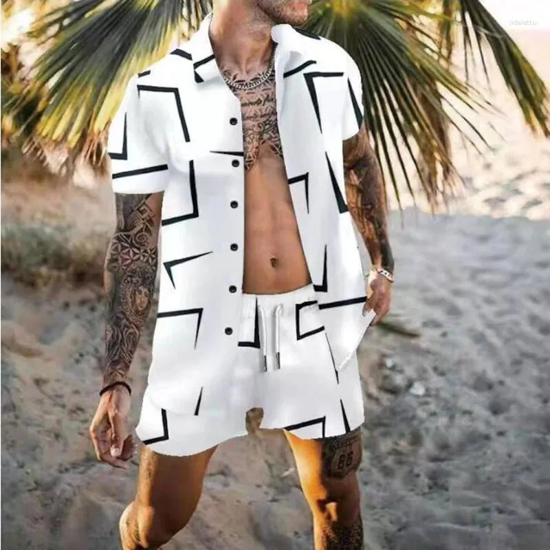 Treno masculino 2023 Trendência de verão Impressão geométrica de mangas curtas Camisa casual de moda havaiana Terno de praia Shorts de duas peças