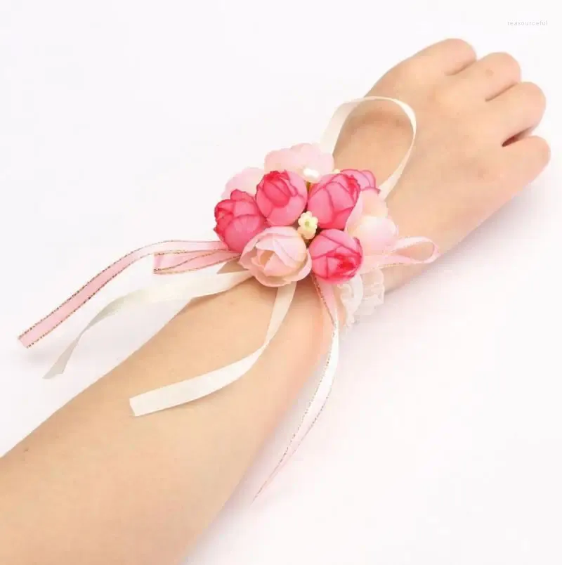 Dekorativa blommor konstgjorda små rosknoppar handleden corsage bröllopsdekor parti prom blomma armband julförsörjning