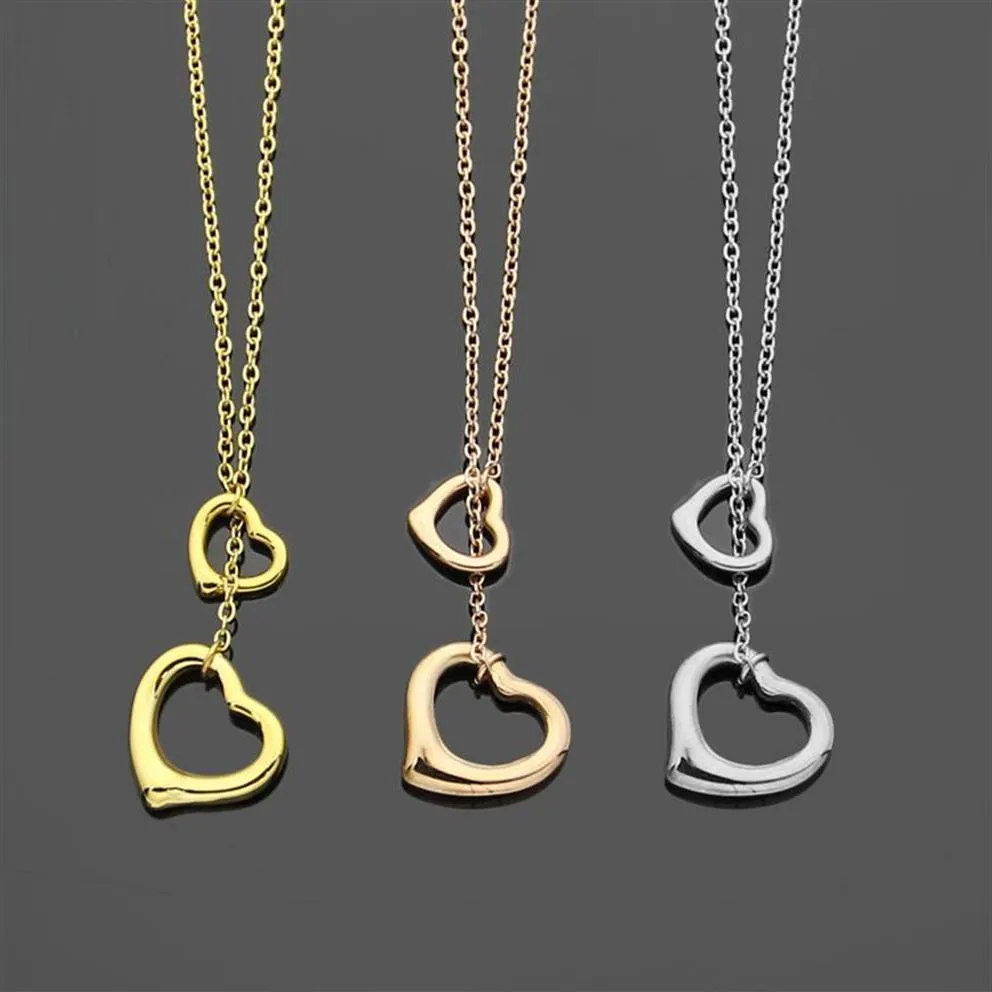 Ny Gold Silver Rose Gold märkesvaror Kvinnor T Letter Style Rostfritt Double Heart Charms hängen halsband 1st Drop 299L