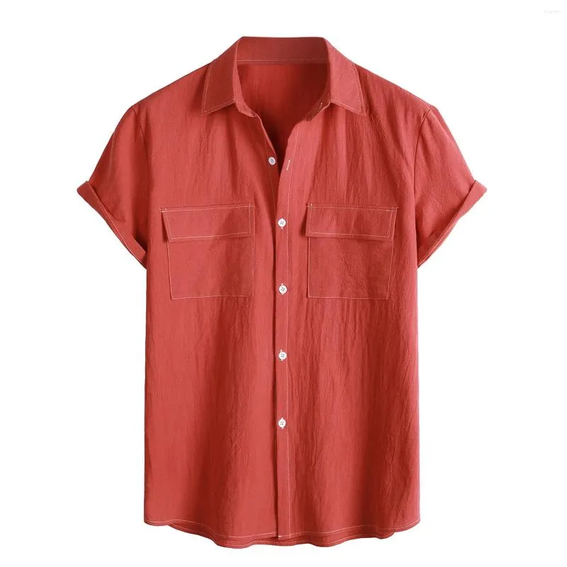 メンズカジュアルシャツソリッドカラートップシャツサマーラペルボタンダブルポケットチュニックデイリーウェアバケーション旅行ビーチウェア