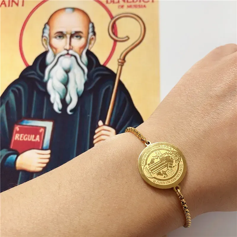 14k Yellow Gold St. Benedict Cross Bracelet for Women and Men