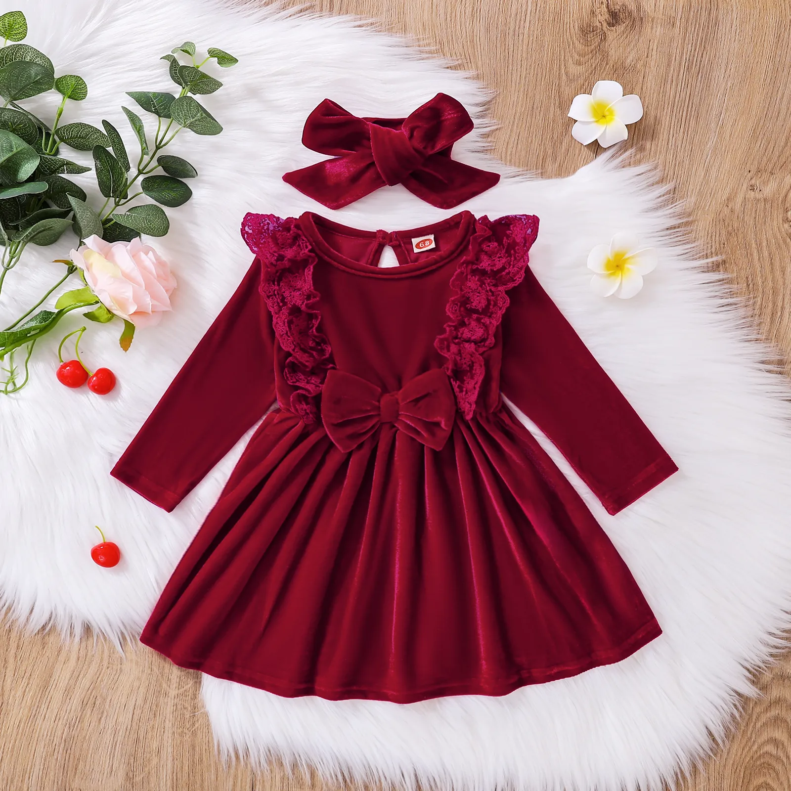 Outono inverno natal menina bebê renda vestido vermelho de manga comprida de veludo