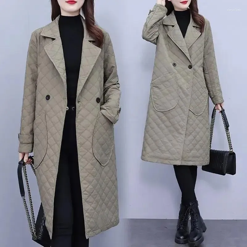 Damen-Trenchcoats, mittellang, Diamantgitter-Mantel für Frühling und Herbst, übergroße, schlankmachende, vielseitige Jacke mit Anzugkragen über dem Knie