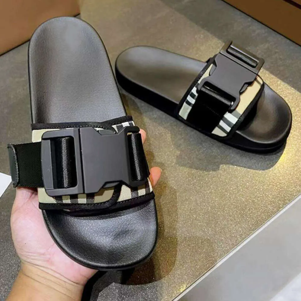 Designer Leather Slide Sandals for Men and Women Plaid Slippers with Belt Perfect for Summer Beach