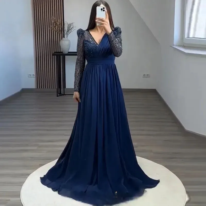 Ny ankomst Navy Blue Evening Pageant Dress 2024 Glitter paljett Långärmar V-ringning Chiffon Prom Party Formella klänningar Vestidos de Feast Robe de Soiree