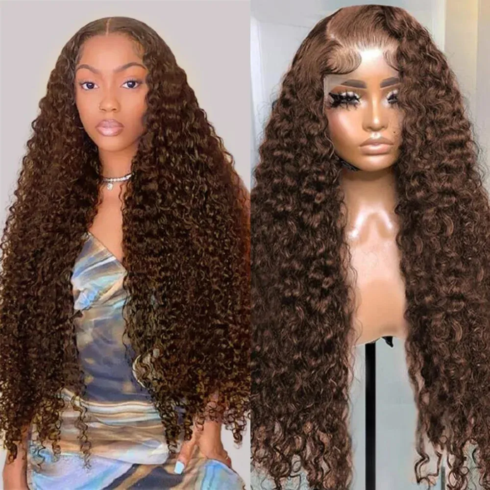 Synthetic Wigs Chocolate Brown Deep Wave Lace Front Wig 13x4 HD Human Hair For Black Women Curly Pre Plucked 231219