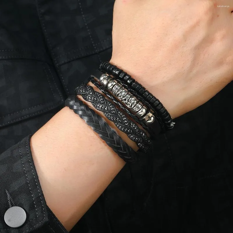 Charme pulseiras vintage na moda pulseira de couro homens pu tecido metal padrão puxar corda jóias