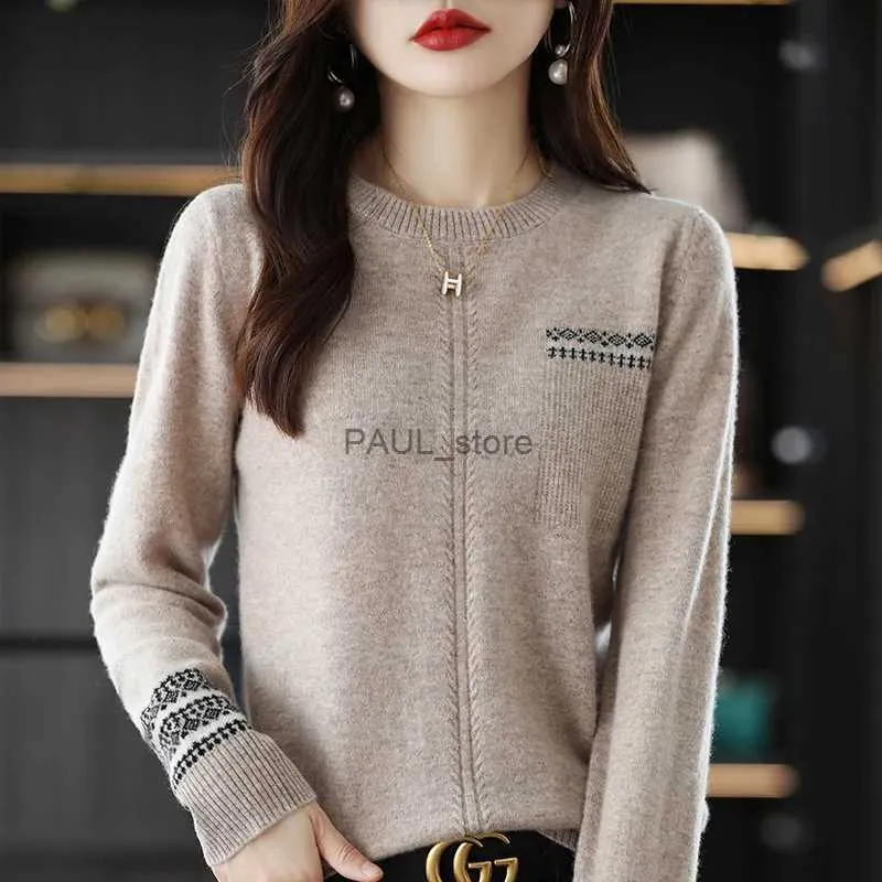 Women's Sweaters O-Neck Wool Knitted Sweater Women's Clean Face Jacquard Loose Pullover 2022 Autumn and Winter Chic Bottoming Cashmere SweaterL231213