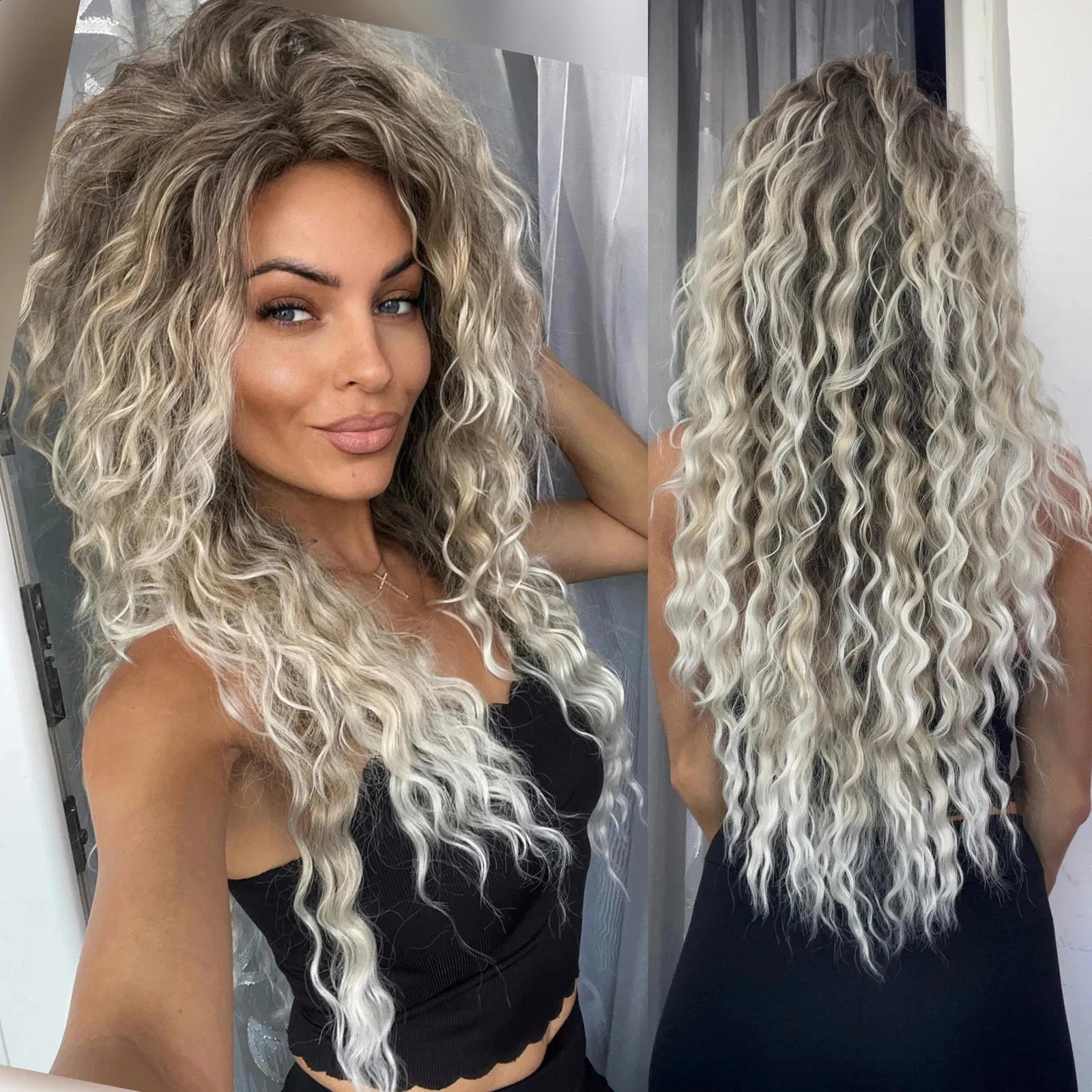 Sentetik peruklar gnimegil sentetik kül sarı sarışın uzun peruk kıvırcık saç 80s peruk kadın için doğal kabarık saçlar kadınlar için normal büyük dalga hacmi peruk 231218