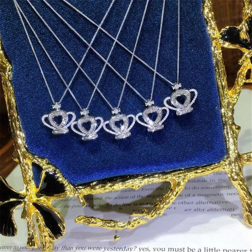 2020 Nieuwe Collectie Sprankelende Luxe Sieraden 925 Sterling Zilveren Kroon Hanger Prinses Geslepen Witte Topaas CZ Diamant Edelstenen Clavicle219P