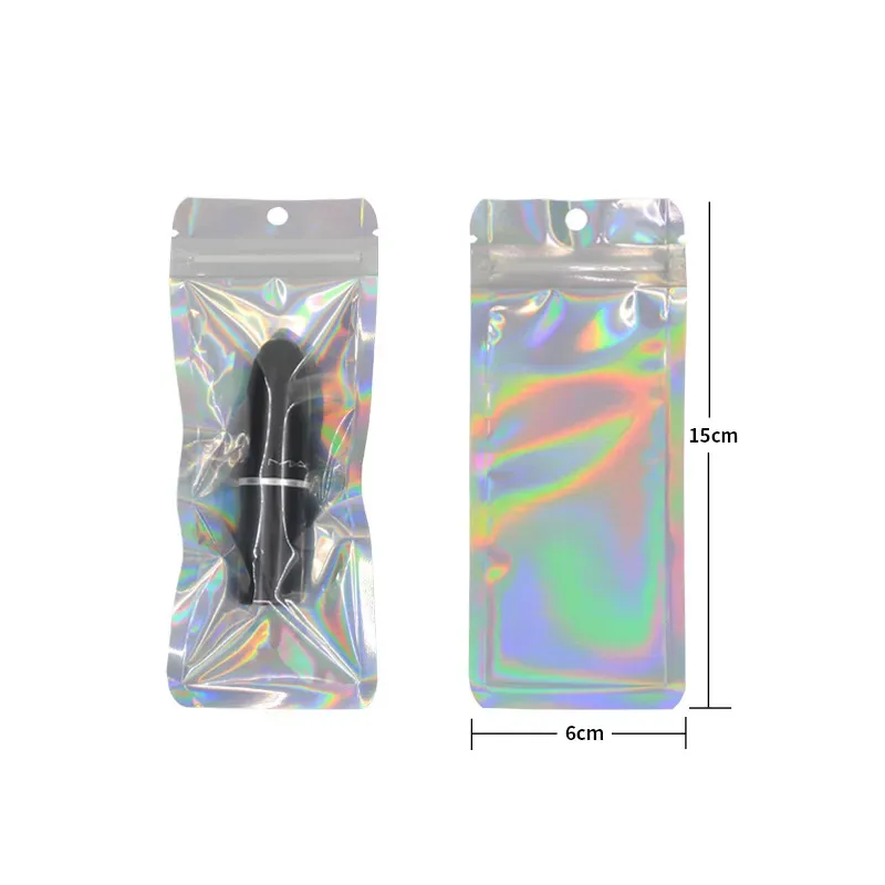 Packaging Bags Small Business-2.4x9 inch Resealable Holographic Pen Bags for Packaging Lipgloss Jewelry Cosmetic Sample Bag