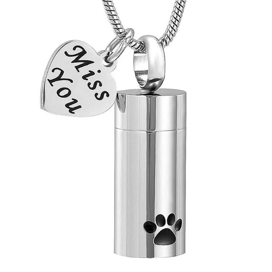 Collares colgantes Cilindro de mascota Urna de cremación con Miss You Heart Charm Urnas conmemorativas Nceklace para perro Gato Recuerdo Jew1992