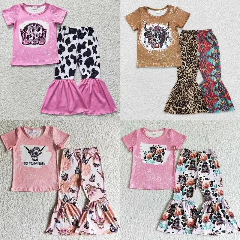 Clothing Sets Wholesale Children Kids Outfit Baby Girl Short Sleeves Cow Shirt Western Print Bell Bottom Pants Toddler Infant Set