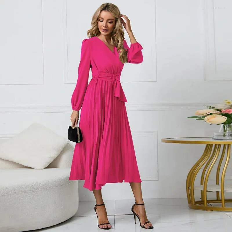 Casual Dresses 2023 Women's Long Sleeve Slim Pleated Belt V-ringklänning A-formad kjol