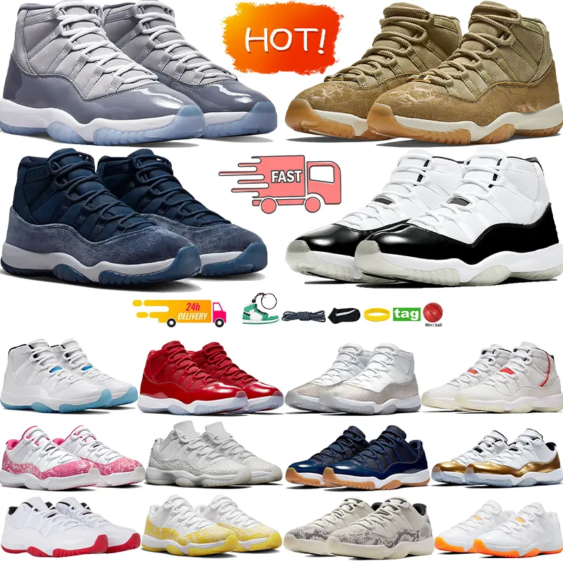 2024 Mens Designer Sneakers 11 Basketball Shoes 11s Cherry Cool Gray Midnight Navy Velvet Lux Olive Cap and Gown Playoffs Bred Concord Blue Women Travers