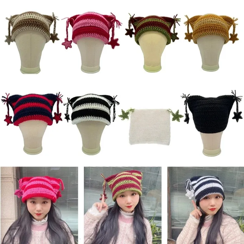 Czapki czapki czapki czapka czapka dla kobiet dla kobiet Y2K Anime Ear Star szydełka wełniana przędza dziewczęta moda kobieta zima nastolatki urocze nakrycia głowy 231219