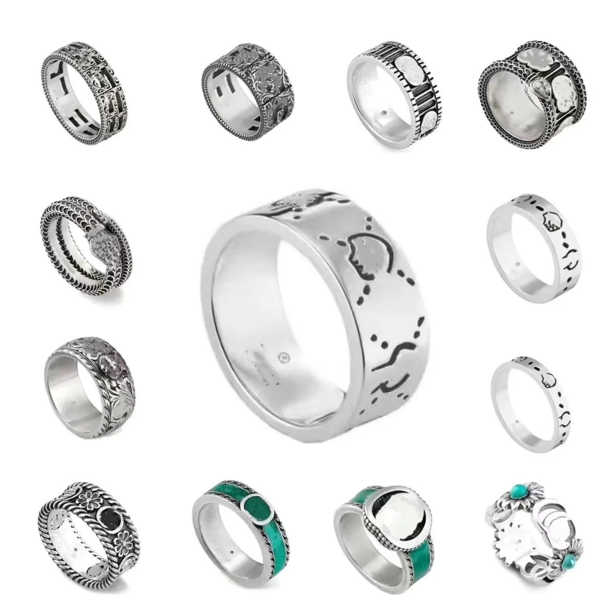 Pierścienie miłosne projektant luksusowy pierścionek biżuterii czaszki dla mężczyzn i kobiet ducha węża pierścionki z sercem impreza zaręczynowa spowiedź z zielonym pudełkiem rozmiar 5-11
