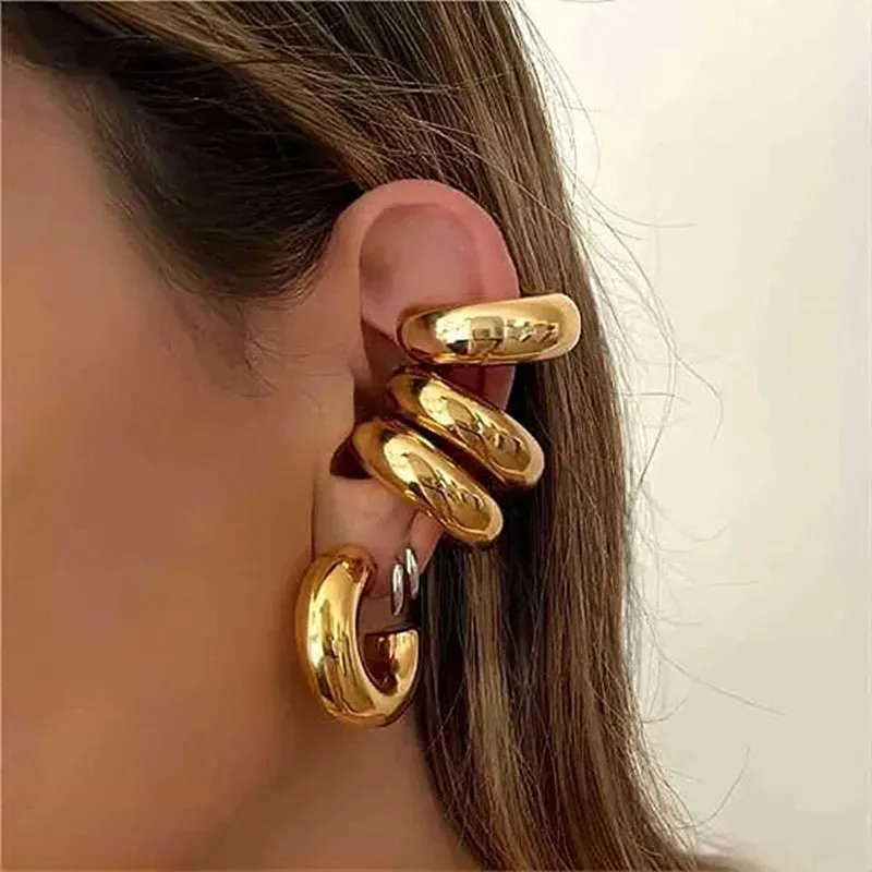 Stud Punk Não Piercing Chunky Round Circle Clip Brinco para Mulheres Banhado a Ouro C Forma Ear Cuff Tubo Grosso Earclips Jóias Presentes 231219