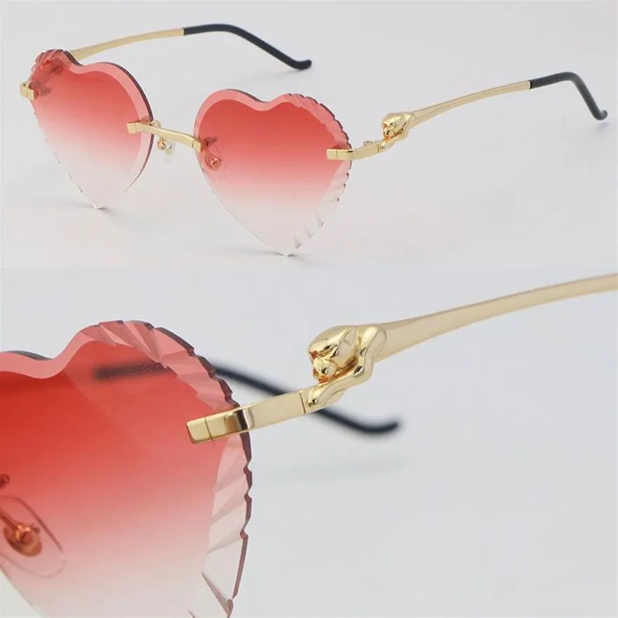 Ny modell hjärtform ansikte Rimless Metal Solglasögon Kvinnor Cheetah Series Diamond Cut Lens Outdoors Driving Red Lenss Glasögon desi180r