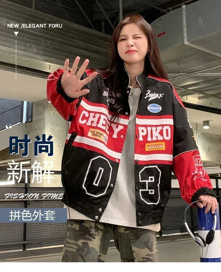 Y2k Red White Oversize Bomber Jacket Women Men Biker Racer Retro