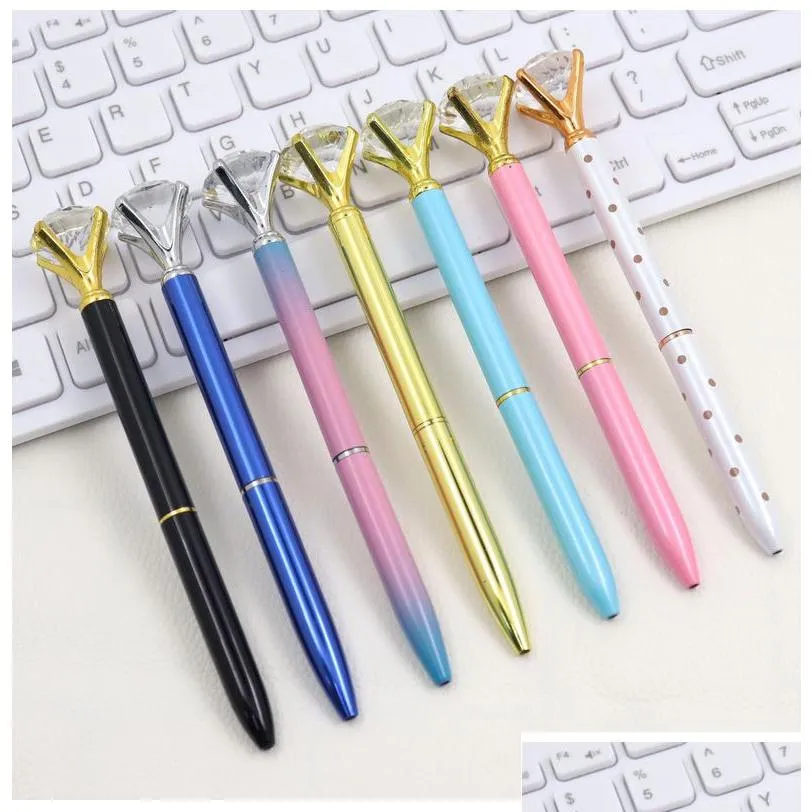 Ballpoint Pens Wholesale Crystal Glass Kawaii Ballpoint Pen Big Gem Ball Pens With Large Diamond Fashion School Office Supplies Drop D Dhpu0