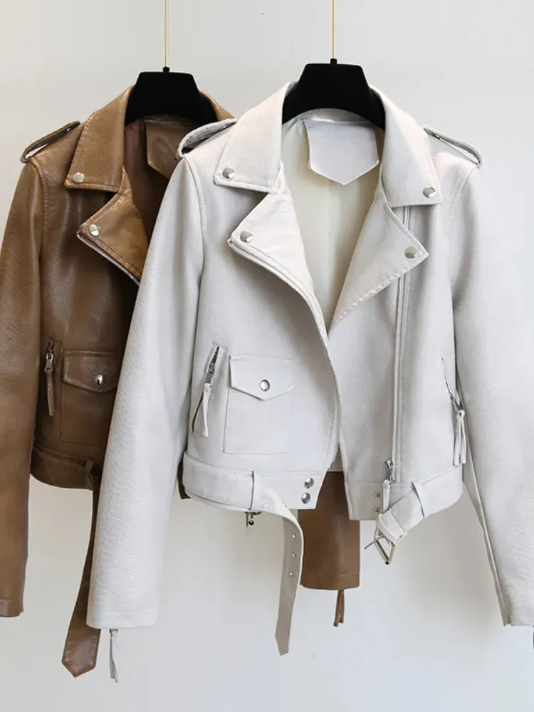 Kvinnors läder faux ftlzz spring höst kvinnor jacka smal streetwear khaki coat cyklist moto med bälte kvinnlig ytterkläder 231219