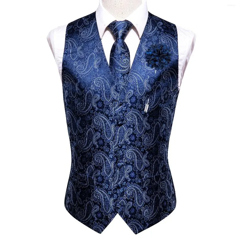 Herrenwesten Hi-Tie Blau Weiß Männer Seide Paisley V-Ausschnitt Weste Krawatte Einstecktuch Manschettenknöpfe Brosche Set für Anzug Hochzeit Party Designer
