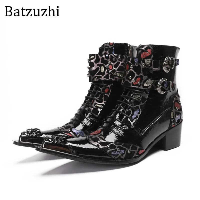 Batzuzhi bottes occidentales hommes bout pointu noir en cuir véritable bottines hommes Zip mode 6CM talons moto, bottes de fête hommes