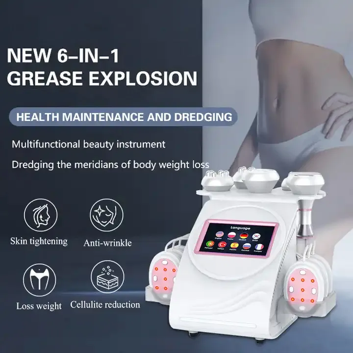 Integrerad 6 i 1 Maskin 80KHz Cavitation Grease Explosion Body Sculpt Vacuum RF Scraping Cupping Therapy Skin Detox Body Massager