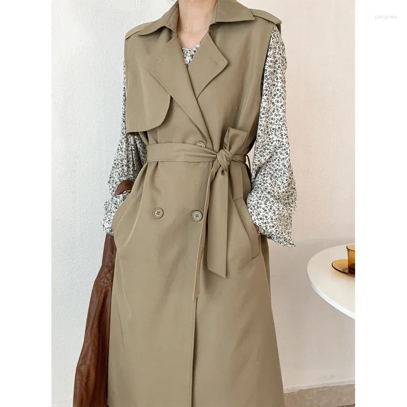 Dames Trench Coats Superaen Autumn Wind Breakher Vest Women Hoge Taille Simple Long Mouwess Coat