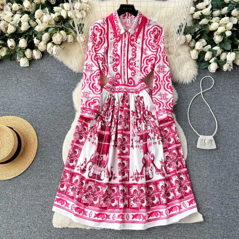 Casual Dresses JAMERARY Fashion Runway Red Blue White Porcelain Print Dress Shirt Women Long Sleeve Midi Robe A Line Pleated Floral Vestidos