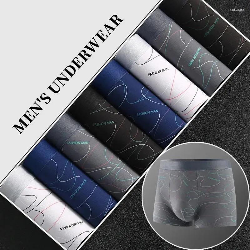 Underbyxor 8st/ herrar underkläder sexig u-formad påse mjuk mjölk silk mode tryckt boxer shorts bekväm andningsbar