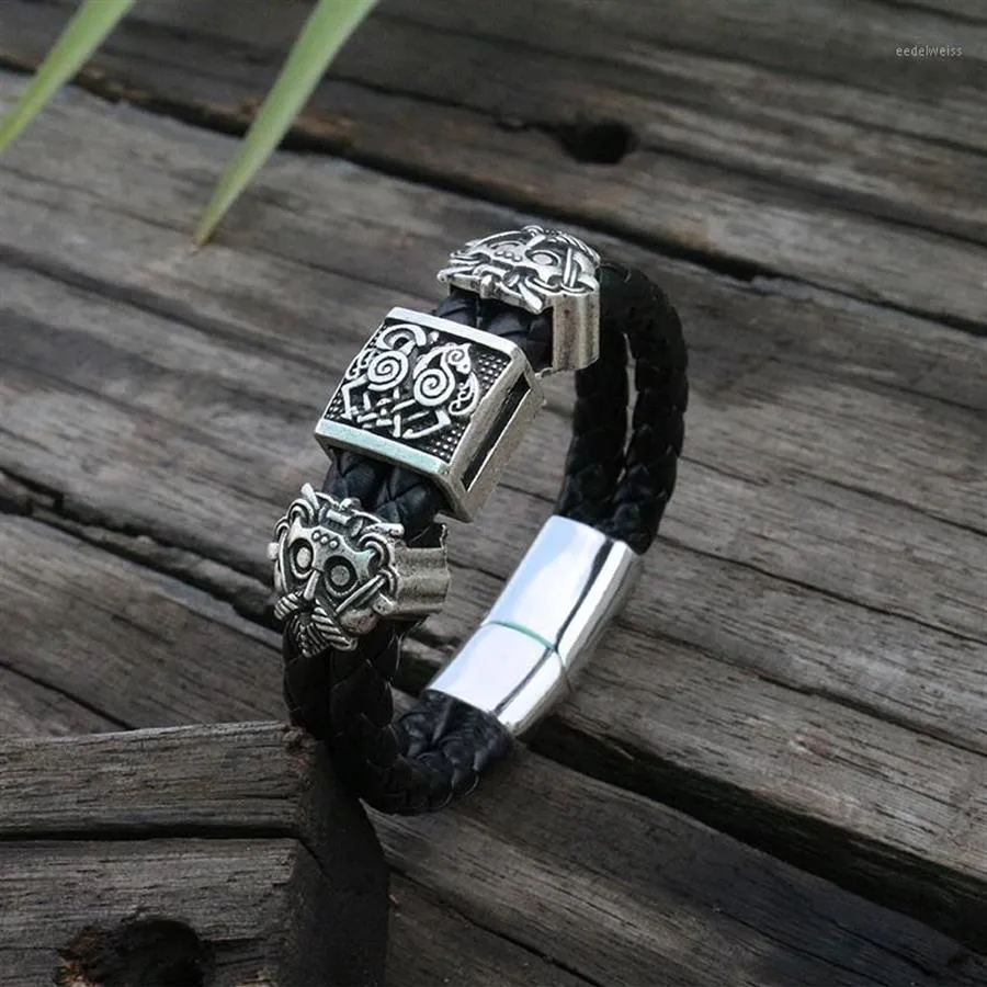 Браслеты-подвески викингов, славянский браслет из воловьей кожи, мужские черные плетеные кожаные манжеты из нержавеющей стали, магнитная застежка, 100% натуральные браслеты1228C