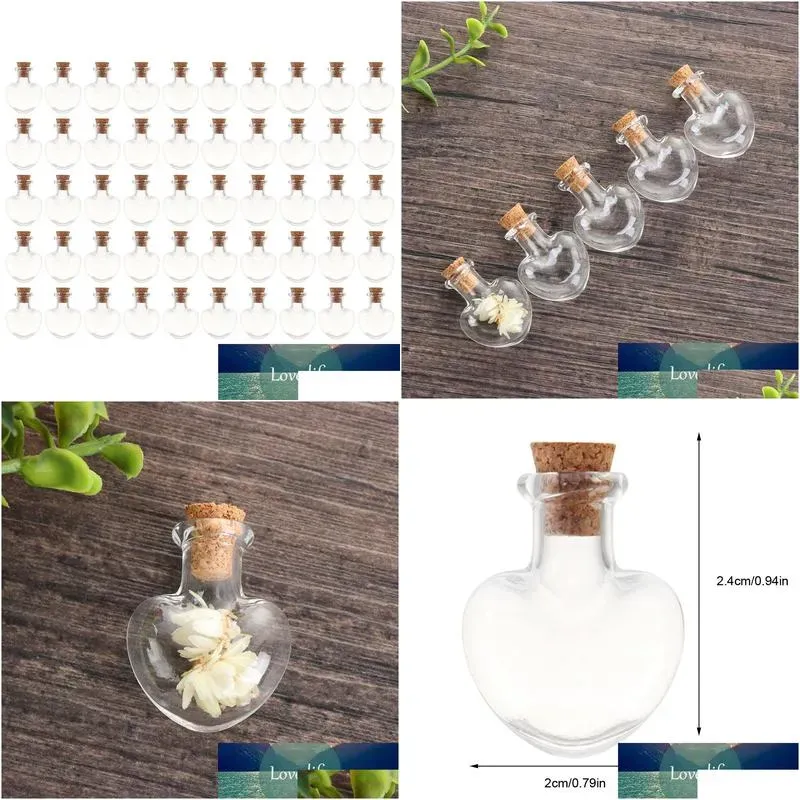 wholesale 50Pcs 2.4 X 2cm 5ml Heart-Shaped Mini Glass Cork Bottles Empty Sample Small Jars Wishing Glass Bottle Storage Vial -