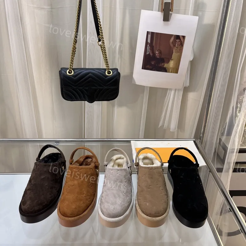 Aspen Platform Clog Fur Furry Pantoufles De Luxe Chamois En Cuir Véritable Mules Femmes Slide Fluffy Peluche COSY FLAT CONFORT SABOTS Plat Chaud Chaussures Décontractées Sandale D'hiver