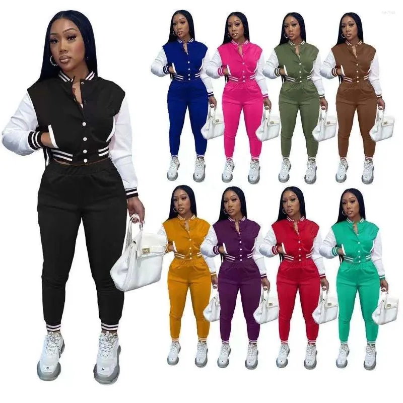 Women's Two Piece Pants Autumn And Winter Color-blocking Single-breasted Fashion Baseball Uniform Two-piece Set