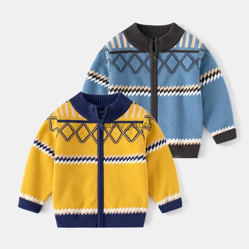 Pullover 2023 Spring Casual Fashion Casual Plaid dragkedja Tröja pojkar och flickor Vinter Casual 2 färger Stickade Kids Cardigans Sweatersl231215