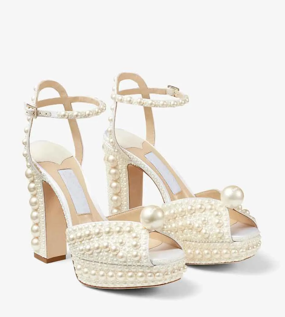 Elegant SACARIA Platform Heel Sandals Shoes All Over Pearl