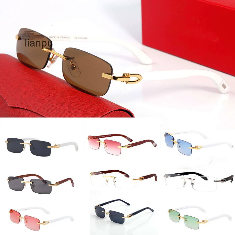 Designer-Sonnenbrillen, neue Büffelhorn-Mode-Sport-Sonnenbrillen für Männer und Frauen, randlose, rechteckige Brillen aus Bambusholz, Brillen mit Boxen, Etui, Lünetten, Gafas