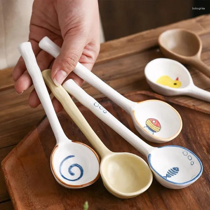 Colheres Colher de Sopa de Cerâmica Japonês Long Handle Talheres Comer Cozinha Cozinhar Utensílio Ferramenta Colher de Chá para Kicthen