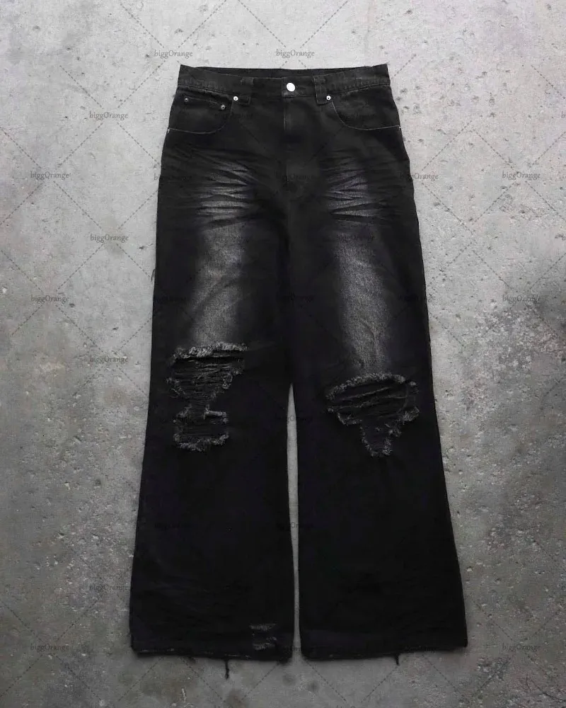 Jeans masculinos 2023 retro punk cintura alta rasgado y2k rua moda botão solto casual calças largas perna 231218