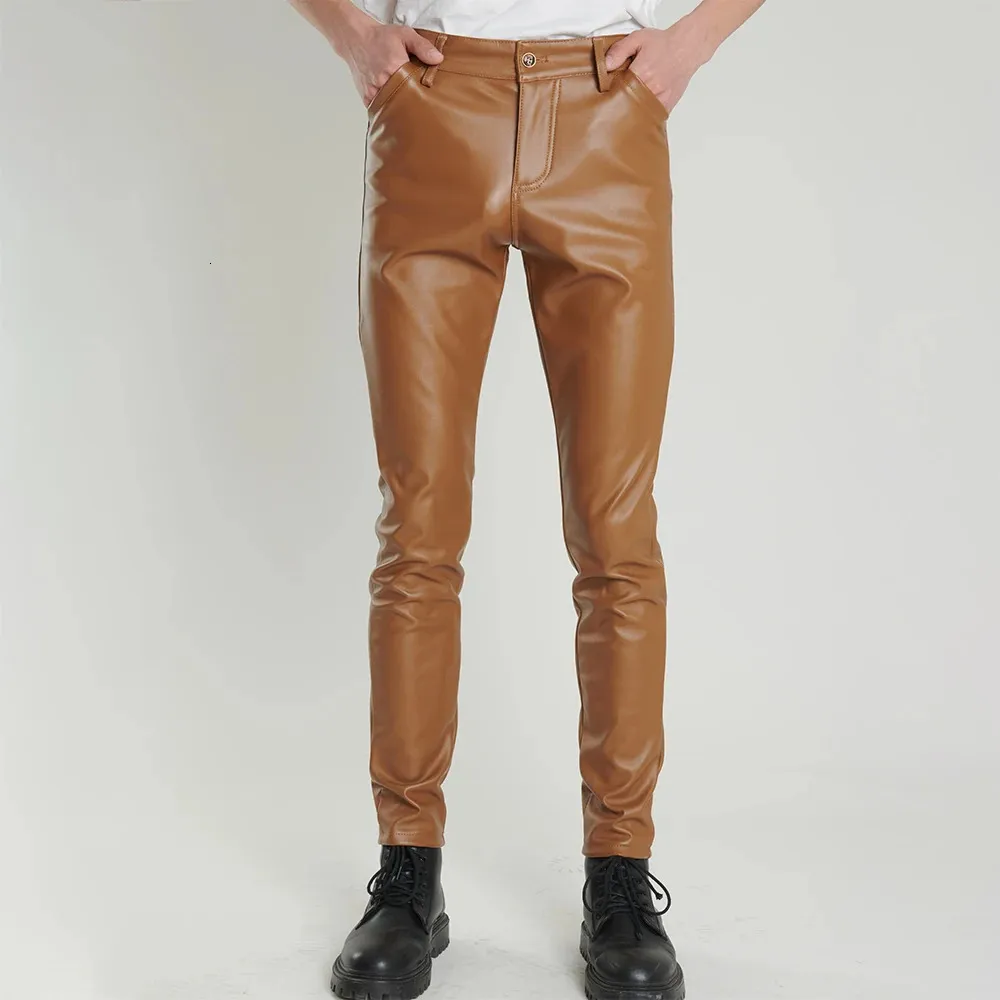 Pantalon en cuir pour hommes, coupe slim, élastique, mode, PU, motard, imperméable, 231218