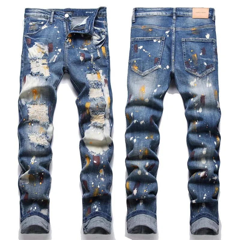 Paarse jeans Designer herenjeans Heren retro patchwork uitlopende broek Wild gestapelde gescheurde lange broek Recht Y2K Baggy gewassen vervaagd voor mannen 3583