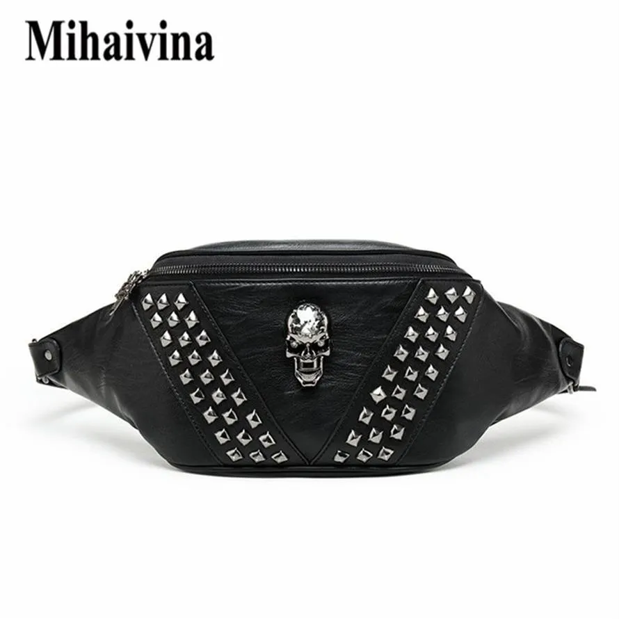 Mihaivina Punk Rivet Skull Men Midjeväska Kvinnor Black Fanny Pack Leather Chest S Female Shoulder Messenger Bum S 220216314P