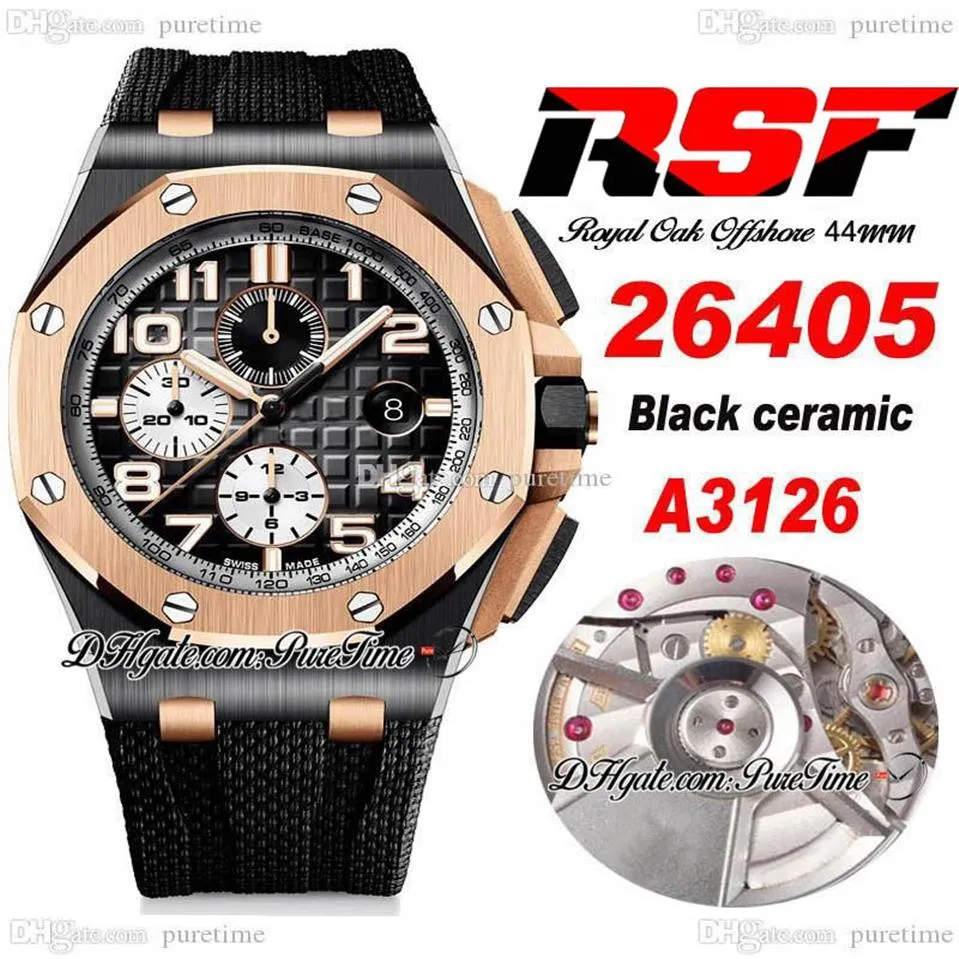 RSF 44mm A3126 Cronógrafo Automático Relógio Masculino Dois Tons 18K Moldura em Ouro Rosa Caixa de Cerâmica Preta Texturizada Mostrador Número Marcadores Rubbe229a