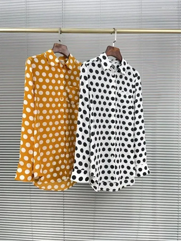 Kvinnors blusar Skjorta 2023 Fall Silk Polka Dot Print Turn-Down Collar Loose Retro Pendlar Långärmad blus